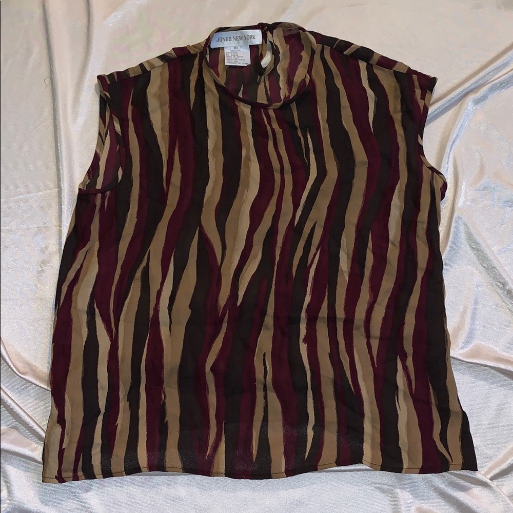 Size M / Size 10 Vintage Burgundy and Tan Abstract Sleeveless Silk Blouse